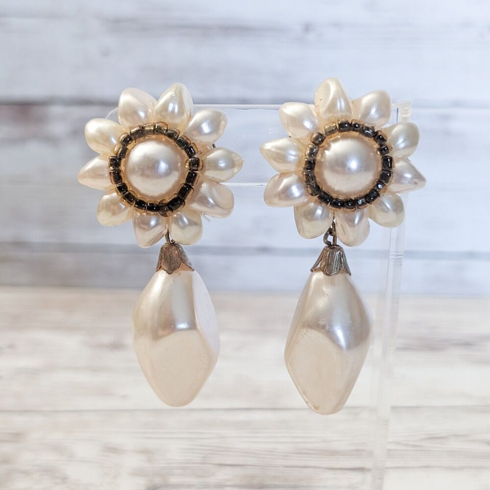 Vintage Clip On Earrings - Cream Statement Extra Large Dangle Earrings